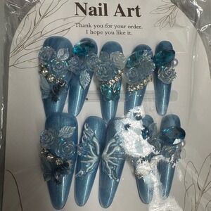 Press On Nails, Blue Rhinestone 3D Floral Accent Long Stiletto False Nails